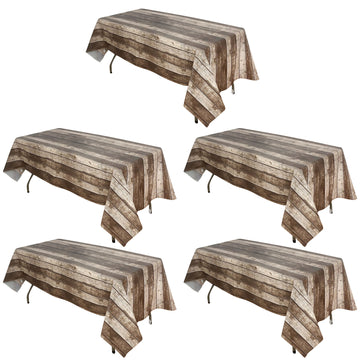 5 Pack Charcoal Gray Rectangle Plastic Table Covers in Rustic Wooden Print, 52"x108" PVC Waterproof Disposable Tablecloths