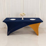 Navy Blue Gold Cross Over Stretch Spandex Table Cover 6ft Rectangular Fitted Tablecloth