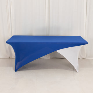 <span style="background-color:transparent;color:#000000;">Sophisticated Style with Stretch: Royal Blue White Cross Over Stretch Spandex Table Cover</span>