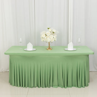 Achieve a Stylish and Ruffled Look with the Sage Green Wavy Spandex Fitted Rectangle 1-Piece Tablecloth Table Skirt
