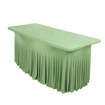 6ft Sage Green Wavy Spandex Fitted Rectangle 1-Piece Tablecloth Table Skirt, Stretchy Table Skirt Cover with Ruffles