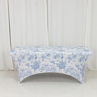 French Toile Spandex Fitted Rectangle Tablecloth – White and Blue
