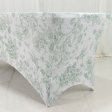 6ft Spandex Fitted Rectangle Tablecloth – White & Dusty Sage Green French Toile