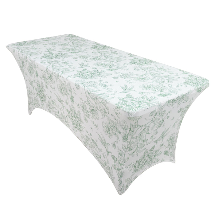 6ft Spandex Fitted Rectangle Tablecloth – White & Dusty Sage Green French Toile