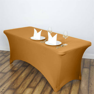 Elevate Your Event with the 6ft Gold Rectangular Stretch Spandex Tablecloth