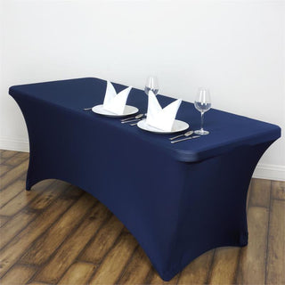 Elevate Your Event with the 6ft Navy Blue Rectangular Stretch Spandex Tablecloth