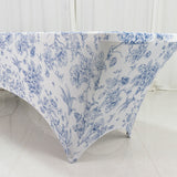 8ft Spandex Fitted Rectangle Tablecloth – White & Blue French Toile Wrinkle-Free Stretch