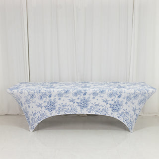 French Toile Spandex Fitted Rectangle Tablecloth – White and Blue (8ft)