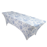 8ft Spandex Fitted Rectangle Tablecloth – White & Blue French Toile Wrinkle-Free Stretch
