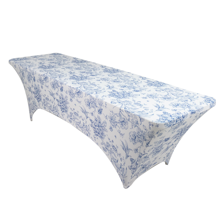 8ft Spandex Fitted Rectangle Tablecloth – White & Blue French Toile Wrinkle-Free Stretch