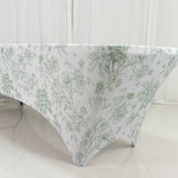 8ft Spandex Fitted Rectangle Tablecloth – White & Dusty Sage Green French Toile Wrinkle-Free