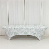 8ft Spandex Fitted Rectangle Tablecloth – White & Dusty Sage Green French Toile Wrinkle-Free