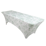 8ft Spandex Fitted Rectangle Tablecloth – White & Dusty Sage Green French Toile Wrinkle-Free
