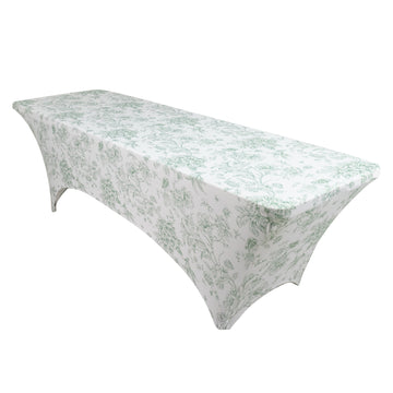 8ft Spandex Fitted Rectangle Tablecloth – White & Dusty Sage Green French Toile Wrinkle-Free Stretch Table Cover
