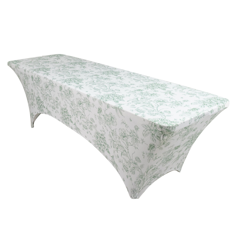 8ft Spandex Fitted Rectangle Tablecloth – White & Dusty Sage Green French Toile Wrinkle-Free