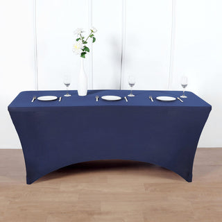 Elevate Your Event Decor with the 8ft Navy Blue Rectangular Stretch Spandex Tablecloth