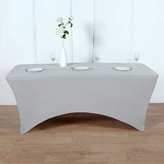 Elevate Your Event with the 8ft Silver Rectangular Stretch Spandex Tablecloth