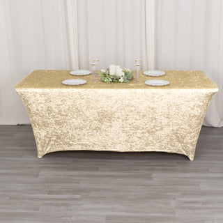 Elegant Beige Crushed Velvet Spandex Fitted Rectangular Table Cover