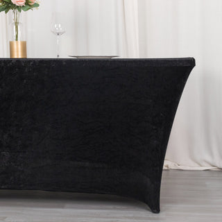 Elevate Your Event with the 6ft Black Crushed Velvet Spandex Fitted Rectangular Table Cover