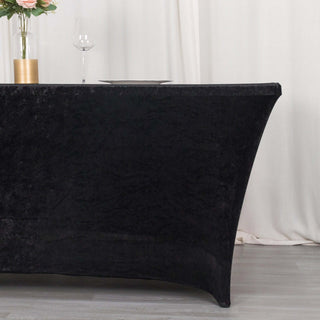 Elevate Your Event with the 6ft Black Crushed Velvet Spandex Fitted Rectangular Table Cover