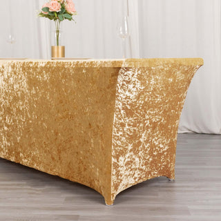 Elevate Your Event with the Champagne Crushed Velvet Spandex Fitted Rectangular Table Cover