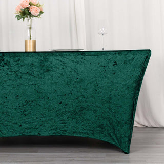 Add Elegance to Your Event with the Hunter Emerald Green Crushed Velvet Spandex Fitted Rectangular Table Cover