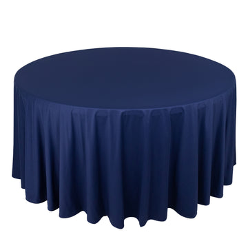 120" Navy Blue Premium Scuba Wrinkle Free Round Tablecloth, Seamless Scuba Polyester Tablecloth for 5 Foot Table With Floor-Length Drop