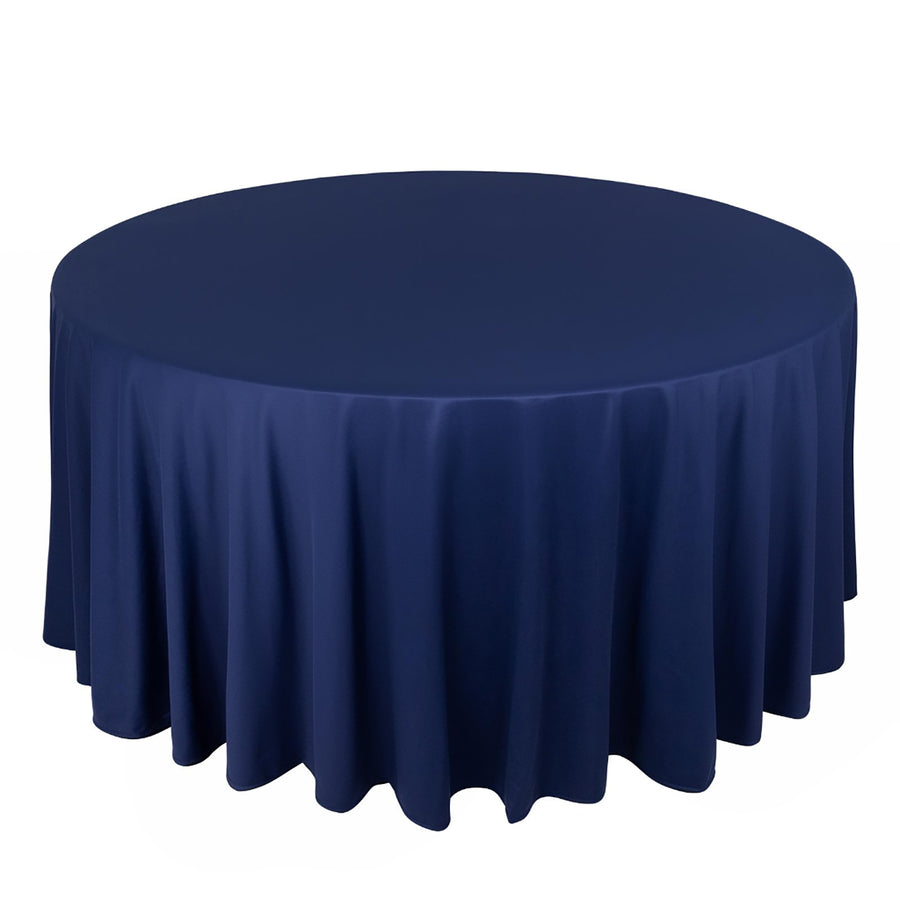 120inch Navy Blue Premium Scuba Wrinkle Free Round Tablecloth, Scuba Polyester Tablecloth