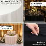 Round accordion pleated scuba tablecloth styled for weddings, banquets, and modern event table dé...
