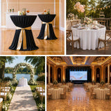 Round accordion pleated scuba tablecloth styled for weddings, banquets, and modern event table dé...
