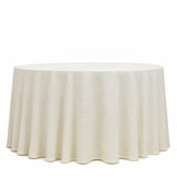 Elegant ivory round table with textured draped tablecloth on white background
