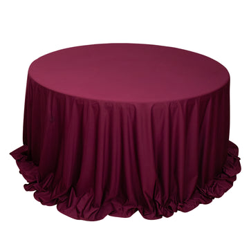 132" Burgundy Premium Scuba Wrinkle Free Round Tablecloth, Seamless Scuba Polyester Tablecloth for 6 Foot Table With Floor-Length Drop