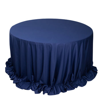 132" Navy Blue Premium Scuba Wrinkle Free Round Tablecloth, Seamless Scuba Polyester Tablecloth for 6 Foot Table With Floor-Length Drop