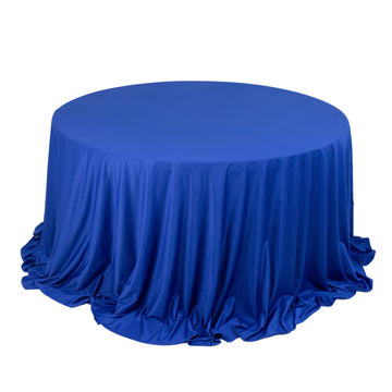 132" Royal Blue Premium Scuba Wrinkle Free Round Tablecloth, Seamless Scuba Polyester Tablecloth for 6 Foot Table With Floor-Length Drop