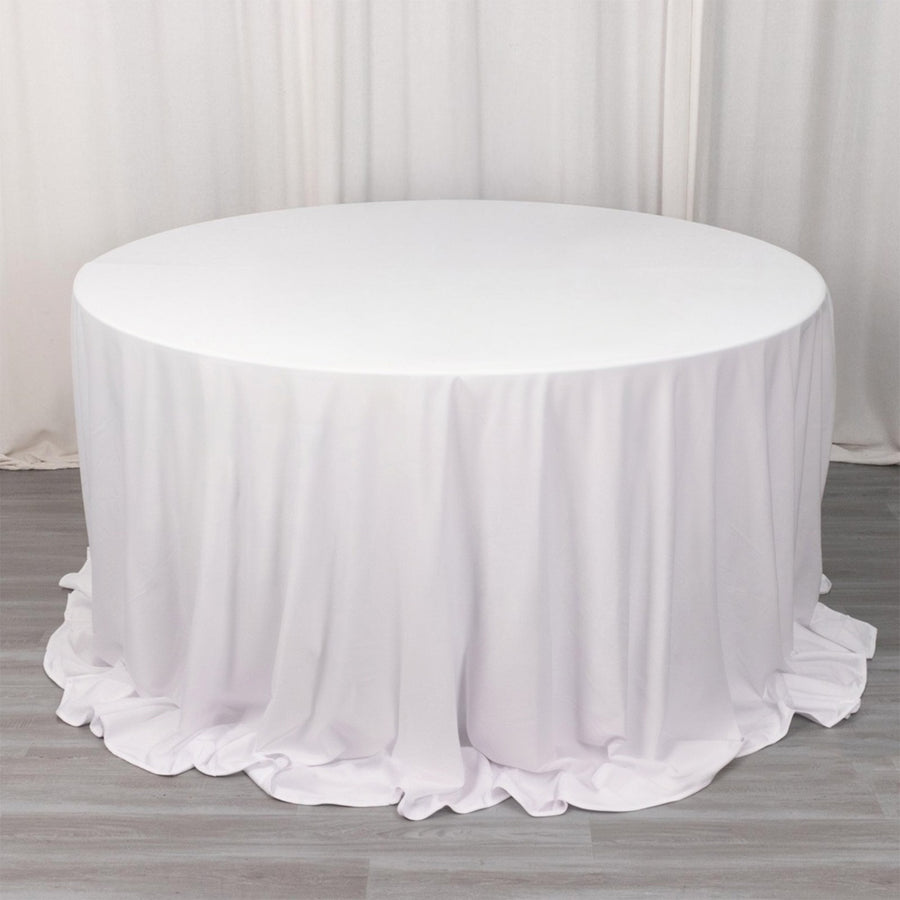 132inch White Premium Scuba Round Tablecloth, Wrinkle Free Polyester Seamless Tablecloth