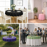 Various tablecloths in different colors and settings for dining and events.