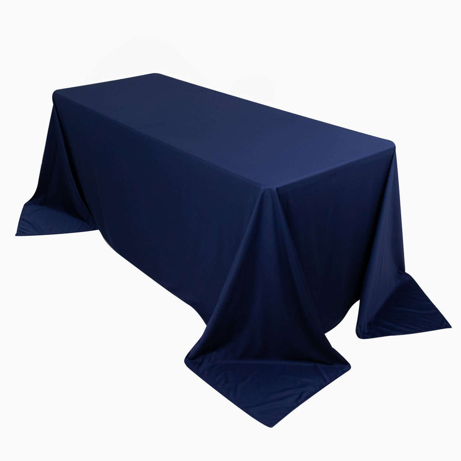 90"x132" Navy Blue Premium Scuba Wrinkle Free Rectangular Tablecloth, Seamless Scuba Polyester