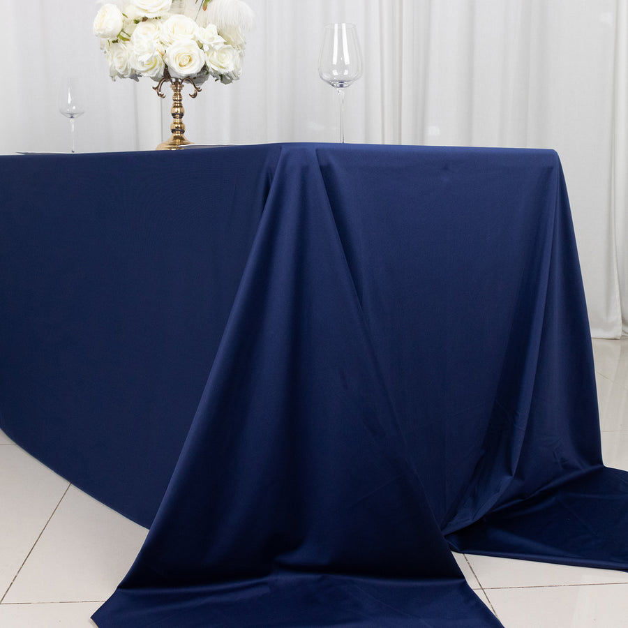 90x156inch Navy Blue Premium Scuba Wrinkle Free Rectangular Tablecloth, Seamless Scuba Polyester