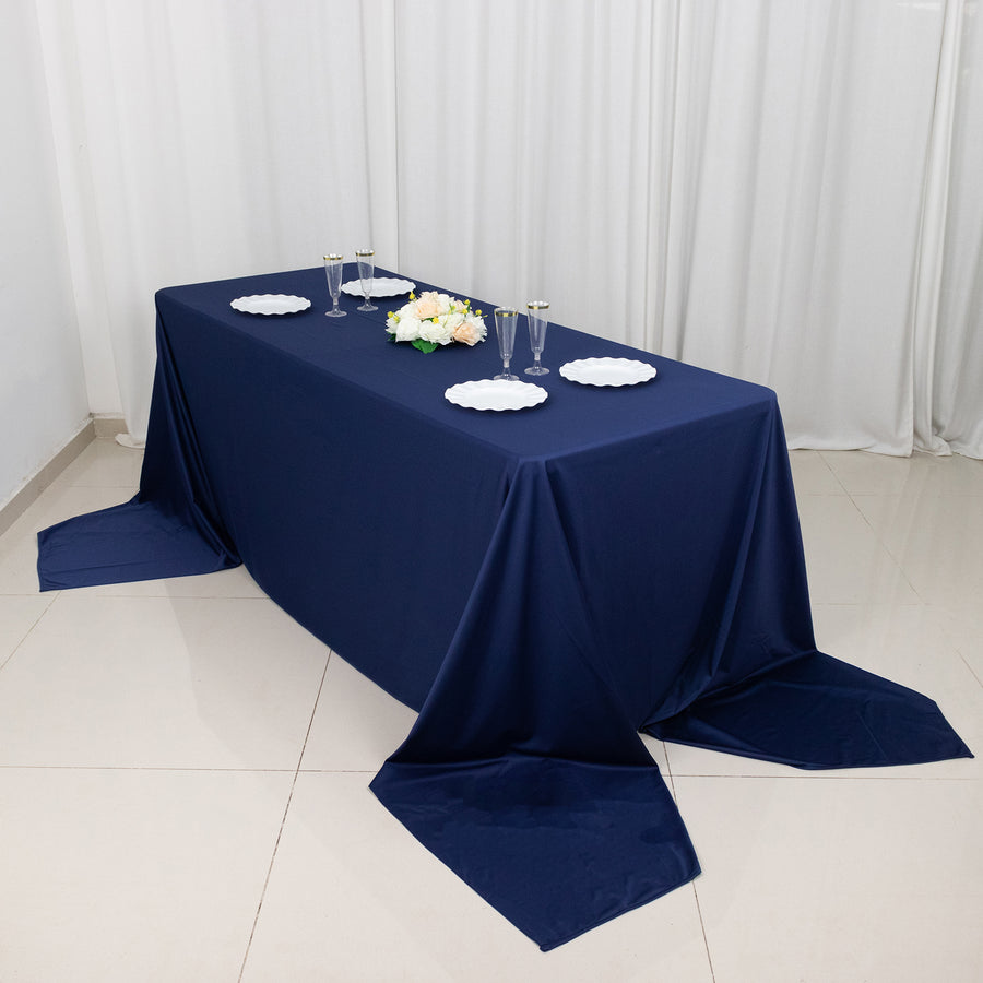 90x156inch Navy Blue Premium Scuba Wrinkle Free Rectangular Tablecloth, Seamless Scuba Polyester