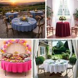 Assorted table settings with colorful tablecloths in various outdoor and indoor settings.