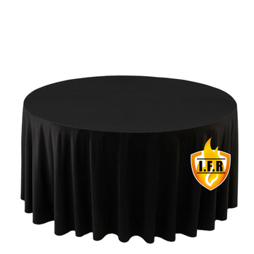 Fire Retardant Scuba Tablecloth – 120" Round Black, Wrinkle Free, Stain Resistant, Seamless Polyester Cover
