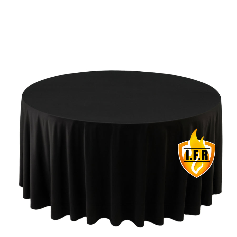 Fire Retardant Scuba Tablecloth – 120inch Round Black, Wrinkle Free, Stain Resistant, Seamless