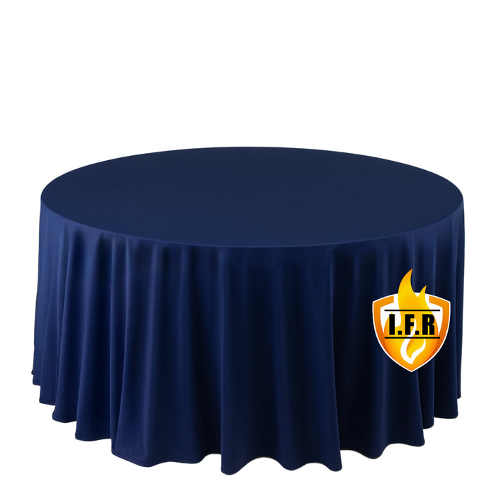 Fire Retardant Scuba Tablecloth – 120inch Round Navy Blue, Wrinkle Free, Stain Resistant, Seamless