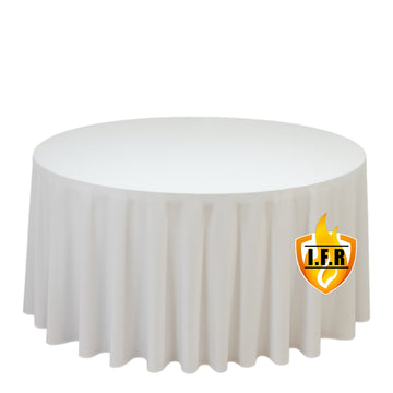 Fire Retardant Scuba Tablecloth – 120" Round White, Wrinkle Free, Stain Resistant, Seamless Polyester Cover