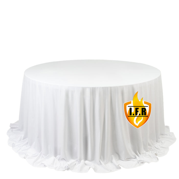 Fire Retardant Scuba Tablecloth – 132inch Round White, Wrinkle Free, Stain Resistant, Seamless
