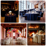 Elegant event spaces with tables, decorations, and ambient lighting.