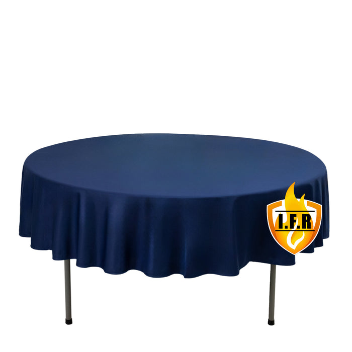 Fire Retardant Scuba Tablecloth – 90inch Round Navy Blue, Wrinkle Free, Stain Resistant Polyester