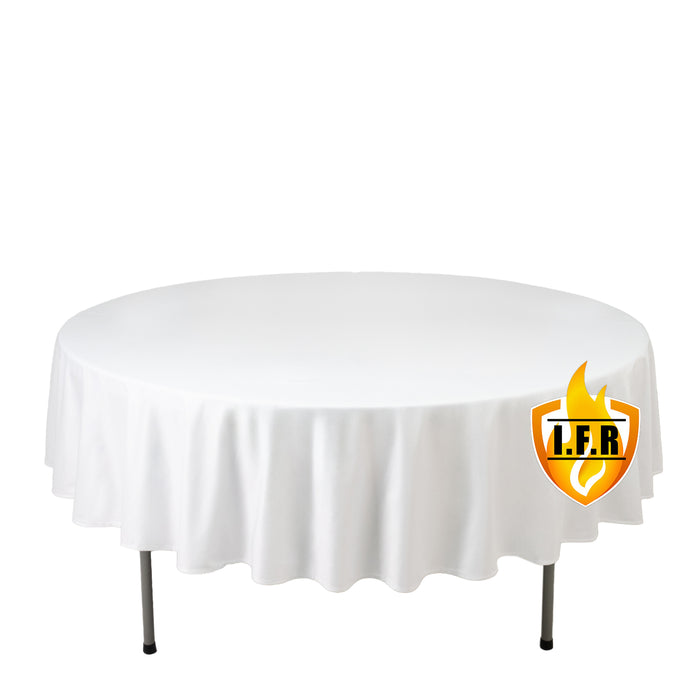Fire Retardant Scuba Tablecloth – 90inch Round White, Wrinkle Free, Stain Resistant Polyester Cover