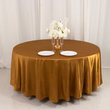 108inch Shimmer Gold Premium Scuba Round Tablecloth, Wrinkle Free Seamless Polyester Tablecloth