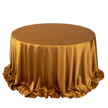 132" Shimmer Gold Premium Scuba Round Tablecloth, Wrinkle Free Seamless Polyester Tablecloth for 6 Foot Table With Floor-Length Drop